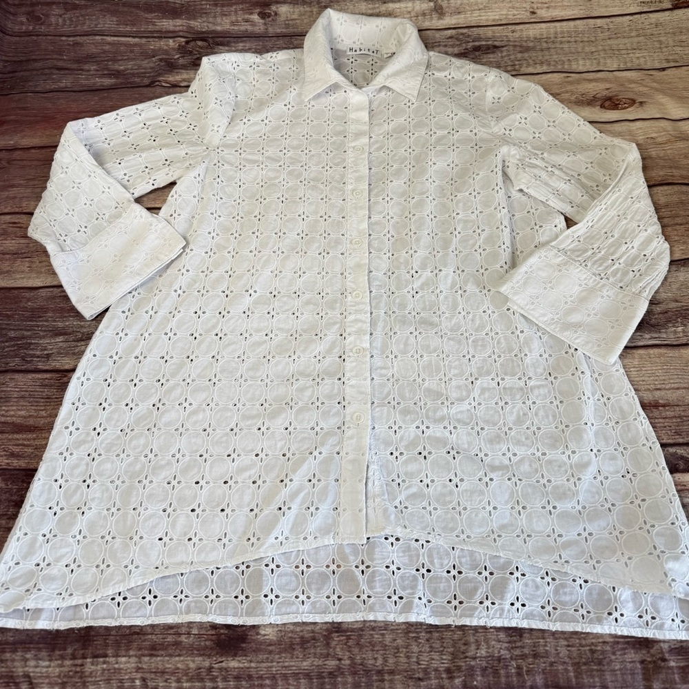 Habitat White Eyelet Button Front Tunic Top Blouse Women Small 1612